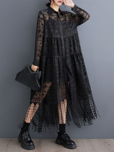XITAO Casual Solid Color Hong Kong Arrival A-line Dress Tassel Turn-down Collar Mid-calf Autumn Female Lace Dress ZYY1116