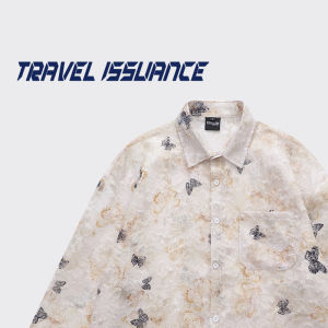 Travel Issuance Butterfly Print Long Sleeve Loose Couple Shirt Winter Collection Regular Thickness Flip Collar Mens Fashion