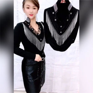 Fall New Tassel Drill Buckle Pure Cotton Patchwork Lace Western Style Shirt Womens Silm Slim Looking Easiest for Match Diamond-Embedded Tops