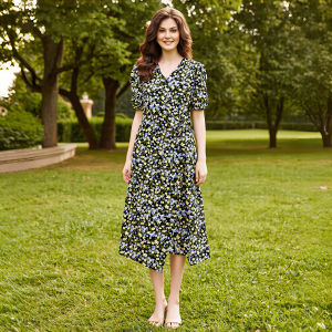 Flattering V-Neck Short Sleeve Slit Hem Printed Dress