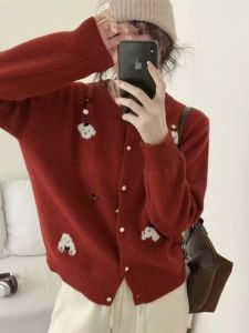 Thickened Knitted Sweater Coat Womens Loose Korean Style Lazy Christmas Red Outerwear Cardigan Long Sleeve Warm Fluffy Top