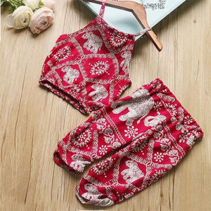 Summer Bohemian Style Girls 2-pieces Set Elephant Print Sleeveless Vest and trousers Cotton Tops Ankle Pants