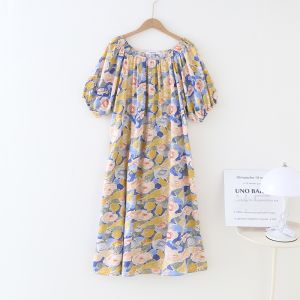 ชุดเดรสยาวผ้าไหมคอตตอนลายดอกไม้เข้ารูปเอวสูงสไตล์ชายหาดฤดูร้อนสำหรับผู้หญิง เอวสูง แขนสั้น กระโปรงทรงเอ ชุดเดรสยาว