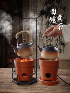 New Chinese Style Red Clay Hanging Kettle Charcoal Stove Tea Cooking Full Set Indoor Retro Stove Suspension Furnace Stand