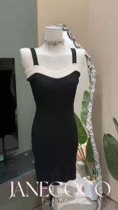 Jane Coco เดรสสายรัดแบบทอผสมสีดำขาว คู่กับเสื้อคลุมแขนยาวแบบทอสีดำ ชุดสองชิ้น ชุดเสื้อเอวถึงสะโพกสไตล์ม็อดสไตล์ร้อน พร้อมส่งทันที!