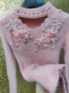 Luxury Handmade Pink Silk Satin Heavy Work Sweater New Chinese Style V-neck Sweater 3d Flower Drill Sweater Womens Knitwear