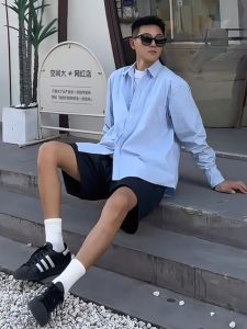Light Blue Long Sleeves Shirt Mens Summer K-style Lightly Mature Mens Fancy Sun Protection Outwear Trendy Handsome Shirt