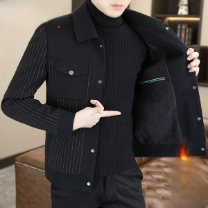 HENGYUANXIANG | Hengyuanxiang Mens Woolen Jacket Coat Thickened Cotton Casual Turn-down Collar Striped Top Winter Fashion Urban Style Long Sleeve