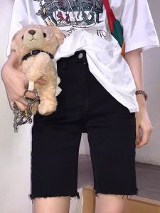 Black Denim Shorts Girls Middle Pants 2024 Summer Thin High Waist Skinny Slimming Elastic Ripped Burr Shorts