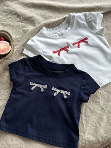 Bow Decorated Short Sleeve T-Shirt Navy Blue