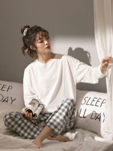 2025 New Womens Cotton Pajamas Long Sleeve round Neck Home Clothes Set Lightweight Breathable Comfortable Pure Color Plaid Design