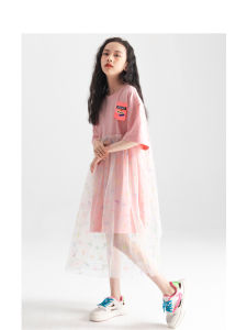 ชุดเดรสเด็กผู้หญิงฤดูร้อน ชุดเจ้าหญิง กระโปรงทรงเอ เสื้อผ้าเด็ก แขนสั้น ผ้าผสมโพลีเอสเตอร์ ความยาวปกติ วัสดุอื่นๆ