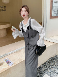 Grey Korean College Style Two-Piece Set Womens Casual Wide Leg Pants Outfit Autumn New Arrival High Waist Long Sleeve Shirt