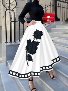 Printed Design Four Seasons White Skirt Black Rose Holiday Style Half Skirt
