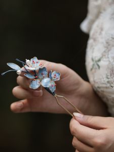 New Style Blue Enamel Flower Hairpin Traditional Chinese Style Hair Accessories for Qipao Hair Styling Beauty Tool