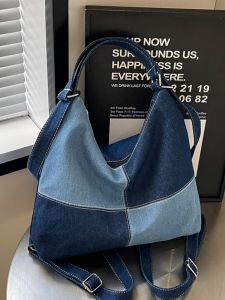 Large Capacity Casual Contrast Color Multi-Functional Crossbody Tote Bag Womens Commuter Bag Made of Denim Single Shoulder