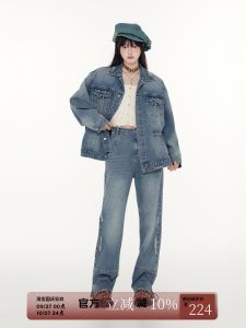 FPMZ Denim Jacket with Butterfly Knot Embroidery Washed Vintage Ripped Jeans Korean Style Slimming Top Long Pants Womens Fashion