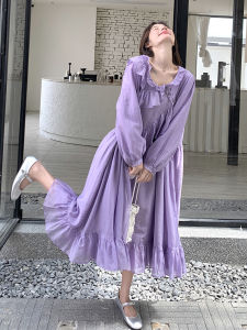 Purple Wooden Edge Ear Splice Womens Dress Gentle Style Long Dress Autumn New Arrival Casual High Waist A-Line Skirt