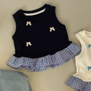 Stylish Patchwork Checked Lace Sleeveless T-shirt for Girls
