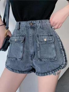 Casual High Waist Wide Leg Short Jeans Womens Spring Summer New Style Korean Hong Kong Flavor Slimming Big Pocket Workwear Shorts