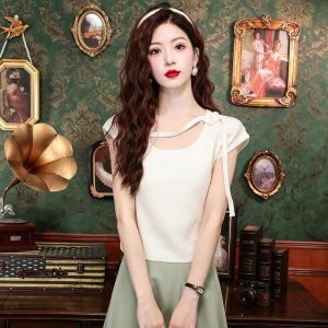 French Style Square Collar Short Sleeve Slim Fit T-Shirt Womens Summer New Design Sensation High End Feeling Top