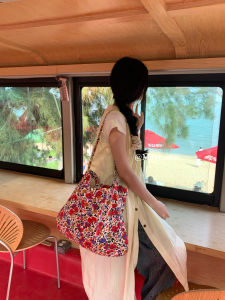 Maymoon Retro Red Floral Canvas Tote Bag Large Capacity Single Shoulder Bag Spring Summer New Style Thickened Canvas Backpack