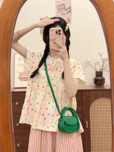 เสื้อเชิ้ตลายจุดสีสันสดใสเสื้อยืดแขนสั้นผู้หญิง ฤดูร้อน ใหม่สีพีชสไตล์ญี่ปุ่น หวาน เด็กผู้หญิง หลวม แขนบินเล็ก เสื้อท่อนบน