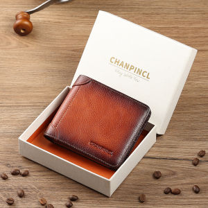 【Da da bò chính hãng & phong cách cổ điển】ví nam thương hiệu CHANPINCL gốc sang trọng ngắn gấp ba lần lớp đầu tiên Ví da bò thời trang công sở ngang