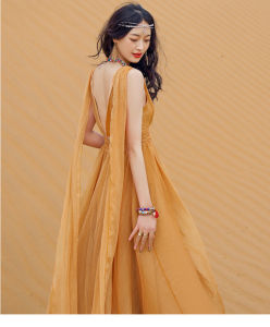 Thai Samui Beach Dress Ultra-Divine Bailey Island Seafront Vacation Dress Backless Photograph Long Sand Dress Summer Sleeveless Chiffon Work Clothing