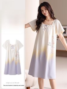 Miiow | Pure Cotton Womens Sleepwear Short Sleeve Gradient Home Clothes Comfortable Breathable Summer Nightgown With Chest Pad