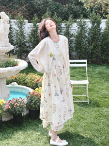 Sweet Summer Floral Print Sleeveless Long Dress Two-Piece Set Womens Sun Protection Shirt High Waist A-Line Skirt Korean Style