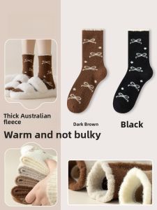 JINGCHI | Thickened Fleece Womens Mid-calf Socks Winter Home Warm Butterfly Knot Plush Long Socks Cute Cozy Nylon Polyester Spandex Blend