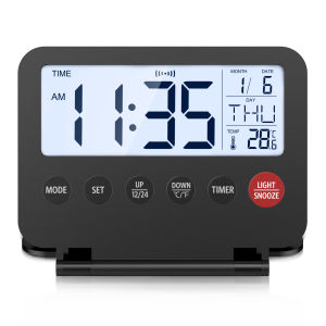 Brifit Small Digital Travel Alarm Clock With Timer Foldable Calendar Temperature LCD Clock with Snooze 12/24H Battery Operated Desk Clock for Travel Home & Office