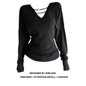 plus Size Slim Fit Long Sleeve V-Neck Black T-Shirt Womens Fashion Autumn Style Beaded Decoration Commute Style Inner Wear