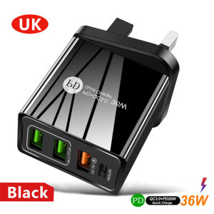 36W USB 3-Pin UK plug Wall Charger PD 18w +QC 3.0 Fast Charging Charger Adapter USB C Type C Plug For Iphone Charger Travel Station