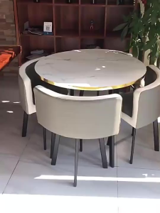 SAINTVILLA 120CM Round Dining Table Set with 6 Stools Family & Restaurant Style Table Space-Saving Kitchen & Dining Room Furniture