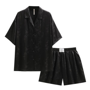 yuenei | Summer Ice Silk Short Sleeve Sleepwear Womens Home Clothes Chinese Style Black High-End Sensation Button Decorated Open Cardigan