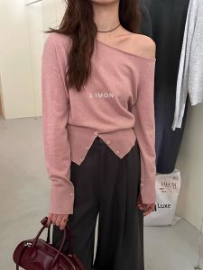 Korean Style Asymmetric Long Sleeve Knitted Top Womens Spring Season Button Waist Inward Design Split Neckline Short Length