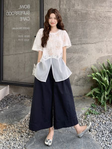 YINLUOYA | Inloria Summer Outfit Set Beautiful Age-Defying Wide Leg Pants Elegant Short Sleeve Round Neck Two-Piece Ensemble For Women
