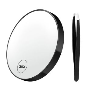 30X Magnification Makeup Mirror 3.5" with LED Light & Suction Cup Portable Travel Cosmetic Mirror with Tweezers Hands-Free Mag