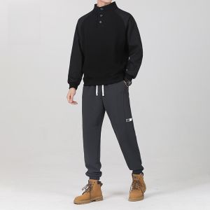 ROMON | Loose Mens Long Sleeve Sweatshirt Pants Set Spring Trend Color Block Casual Two-Piece Suit Polyester Spandex Blend Youth Wear