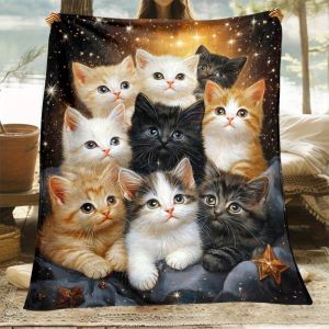 VIKAMA Starry Cat Magic Blanket Living Room Bedroom Dual-Use Soft Facecloth Cover Blanket Cute Pet Lovers Decorative Blanket