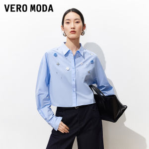 Vero Moda | Áo Sơ Mi Ngắn Rộng Cotton 3D Hoa Pha Lê Đính Cườm
