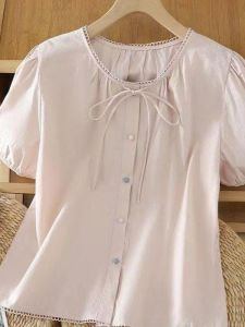 Summer New Style Sweet Splice Womens Shirt Loose Short Sleeve Bubble Fresh Slimming Top Korean Design Casual Fashion