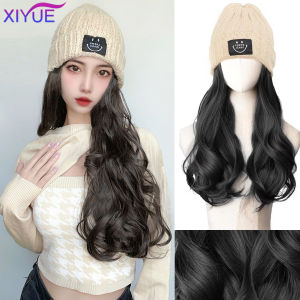 Synthetic Beige Hat Wig Beanies Hat With Hair Wigs For Women Synthetic Long curly hair Warm Ski Plush Knitted Autumn Winter Cap