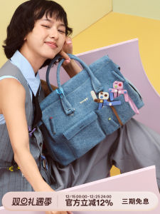 Large Capacity Denim Computer Bag KUNOGIGI Womens Handbag Modern Neutral Style Single Shoulder Strap Zipper Closure Pure Color