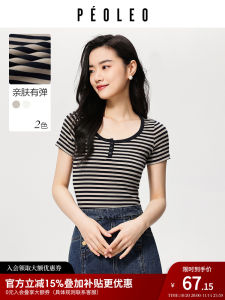 Peoleo Womens Stripe U-Neck Short Sleeve T-Shirt Elastic Comfortable Slim Fit Summer New Style Vintage Fashion Shoulder Line