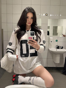 Retro American V-neck Long Sleeve T-shirt Womens Spring Rugby Element Jersey Loose Sports Top Printed Casualwear