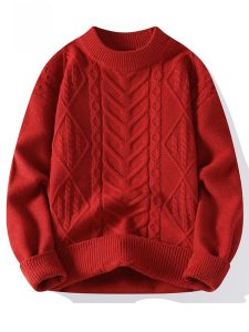 ROMON | Red Thickened Mens Knitted Sweater Winter New Year Inner Wear Dragon Year Fashion Casual Loose Fit Round Neck Long Sleeve
