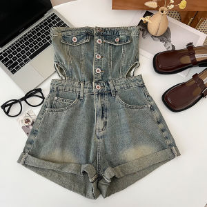Fashionable High-Waisted Hollow-Out Waist Denim Jumpsuit with Single Row Buckle for Women Summer Loose Pants Shorts